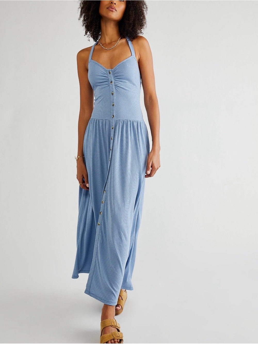 FREE PEOPLE NINA HALTER BOHO MAXI DRESS STRIPED BUTTON FRONT BLUE COMBO Size XS